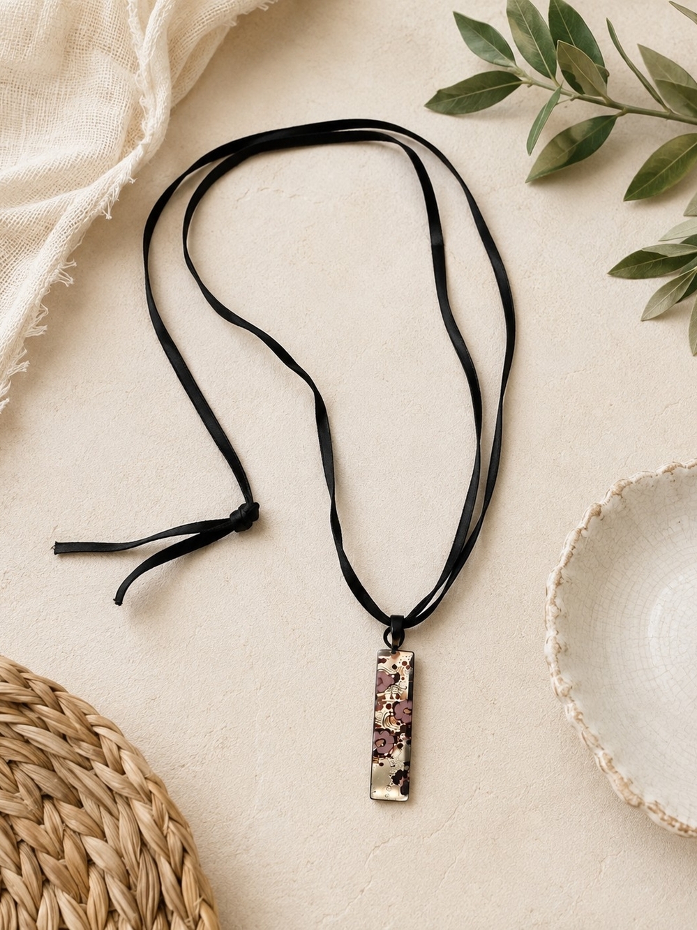 Black Ribbon Pendant Necklace with Floral Accent